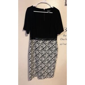 Adrianna Papell Black White Jacquard Sheath Dress Faux Leather Trim Formal 14